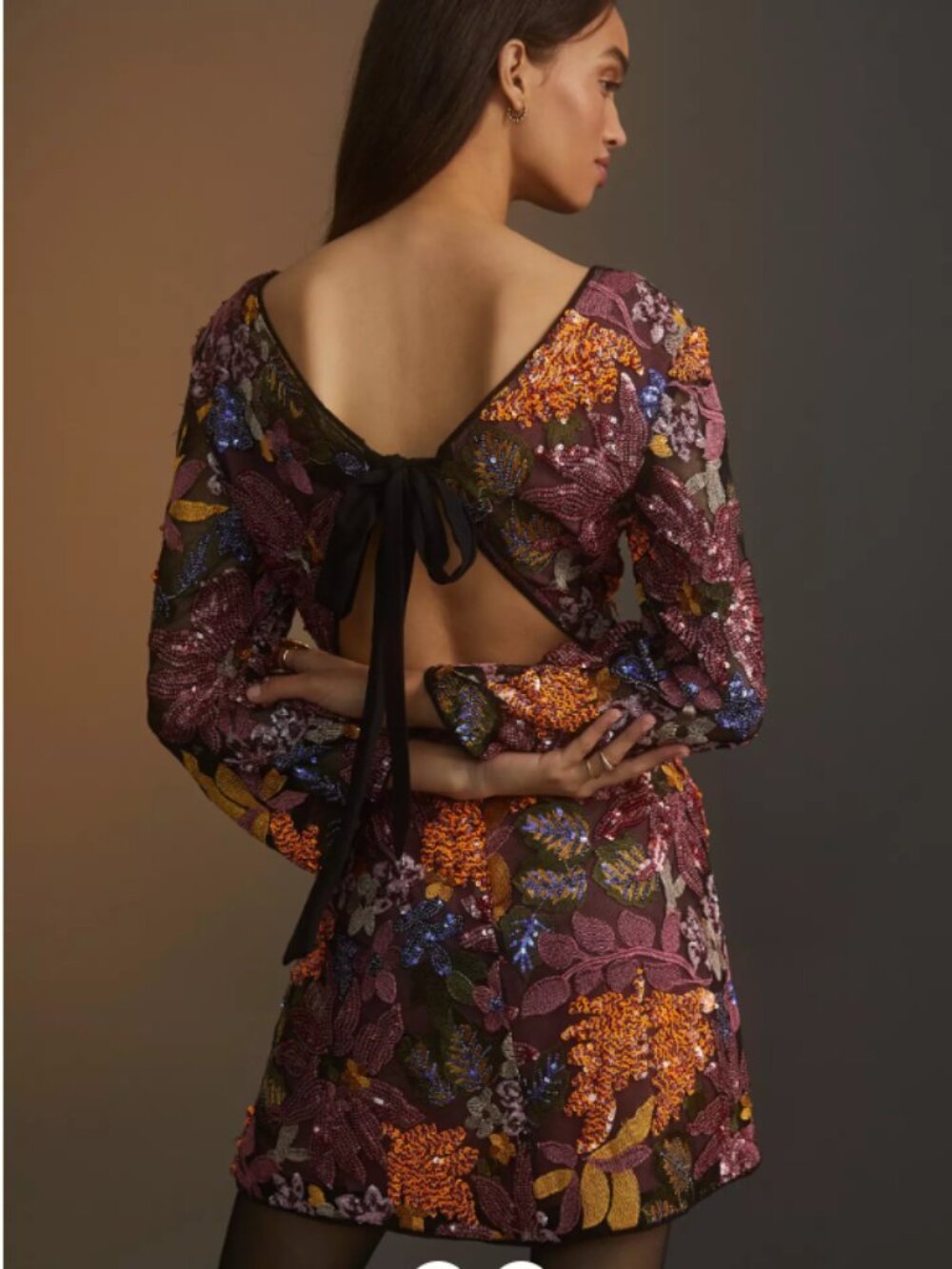 Anthropologie Sequin Embroidered Mini Dress 16 Multicolor Floral Cutout Back